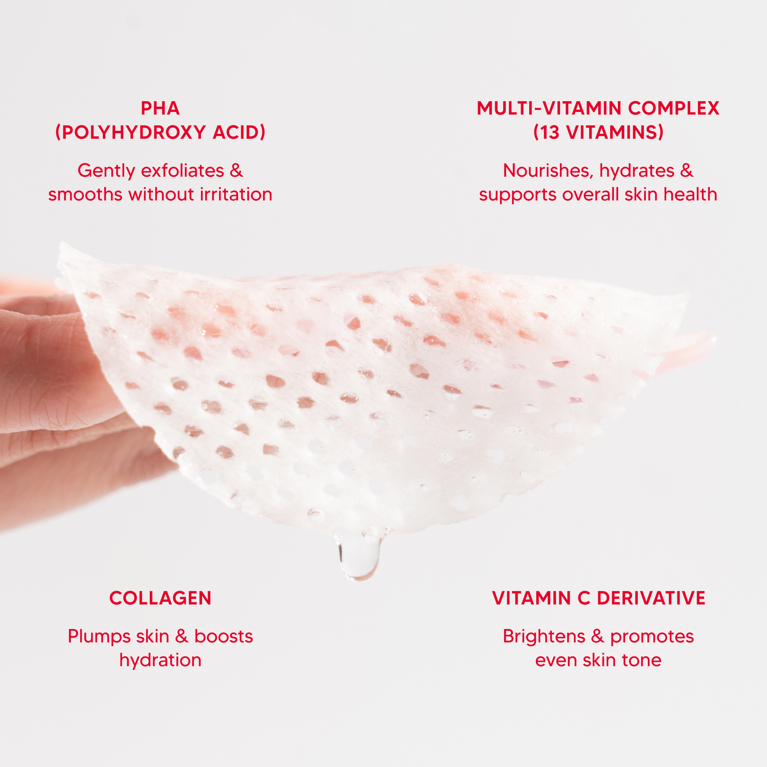 Skincare product with text highlighting PHA, Multi-Vitamin Complex, Collagen, and Vitamin C Derivative.